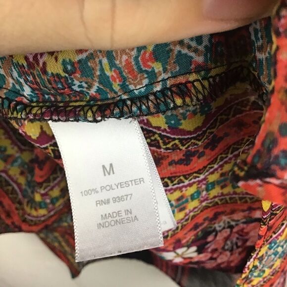 Bisou Bisou Peasant Blouse Black & Red Floral Boho Ties, Size  Medium - Picture 6 of 8